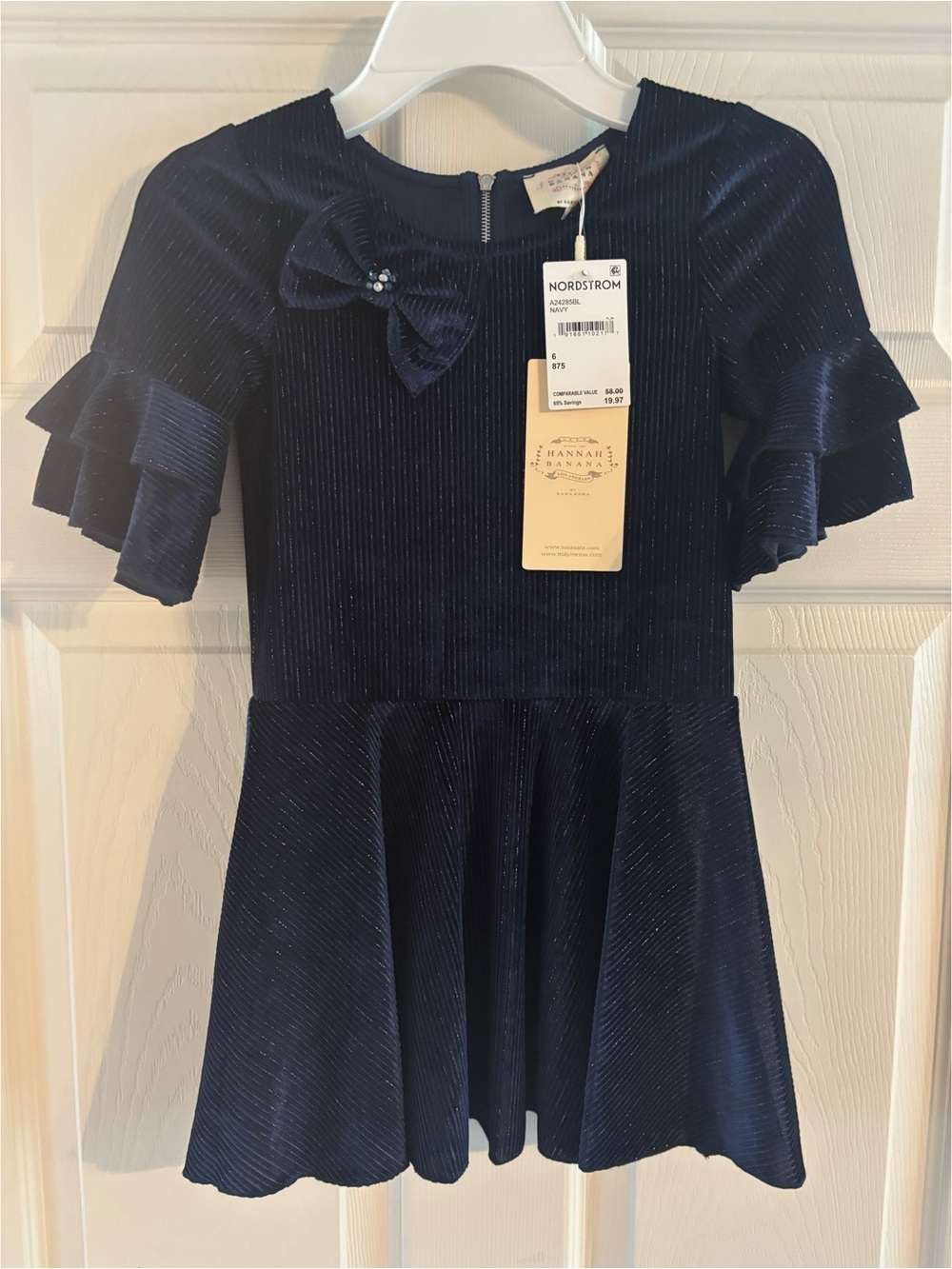 Hannah Banana Navy Velvet Ruffle-Sleeve Party Dress with Bow
